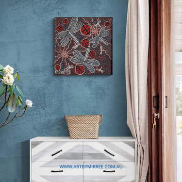 Ancestral Lady Beetle with Dragonfly Framed Canvas Print by Mirree Contemporary Aboriginal Art